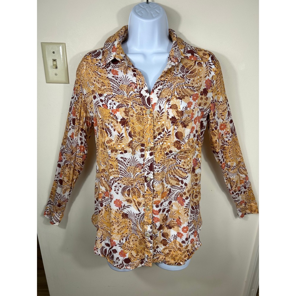 Anthropologie Pilcro Romy Blouse Top Womens XS Earthy Floral Relaxed Button-Down